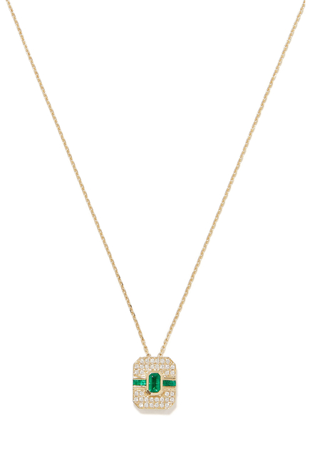 Shield Pendant Necklace, 14k Yellow Gold, Diamond & Emerald